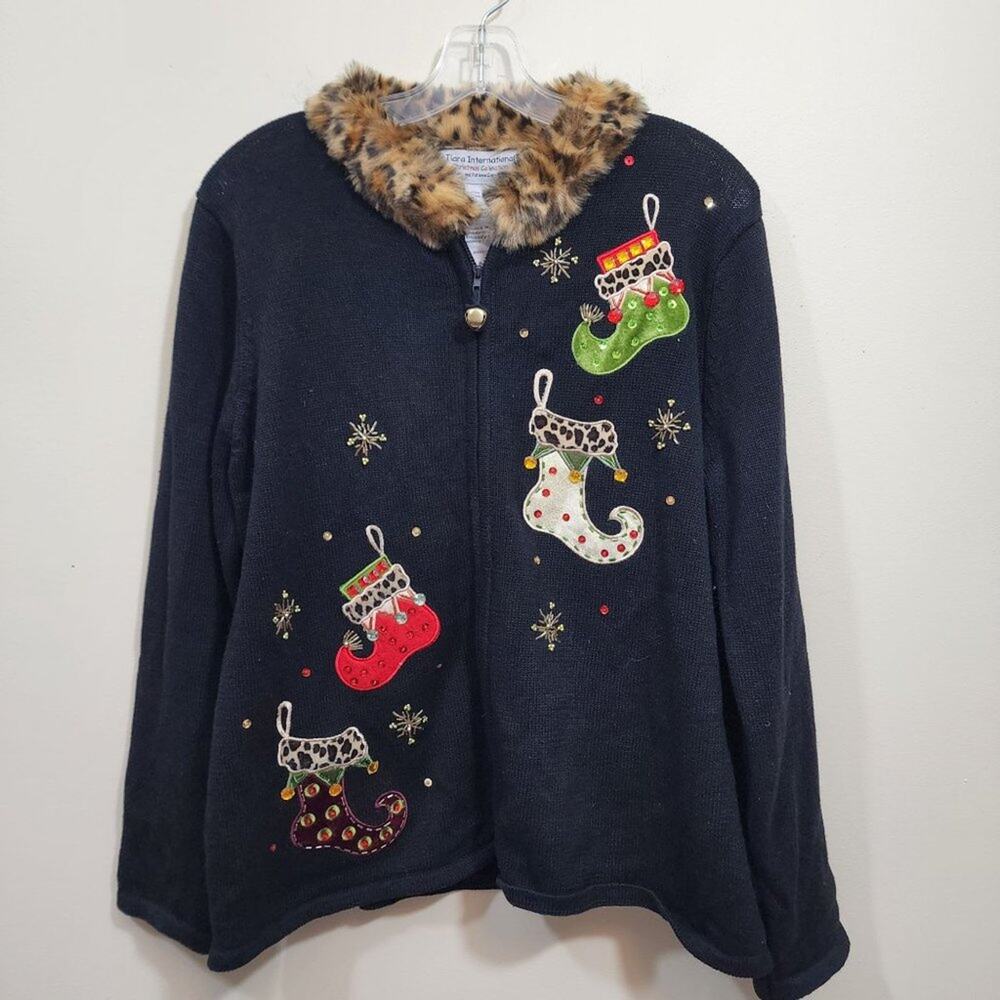 Tiara International vtg Christmas full zip front‎ fur collar beaded sweater XL